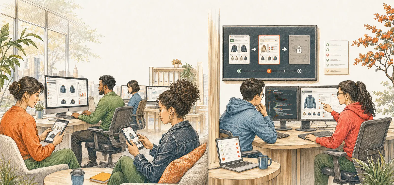 Een team werkt rond schermen in een drukke digitale studio