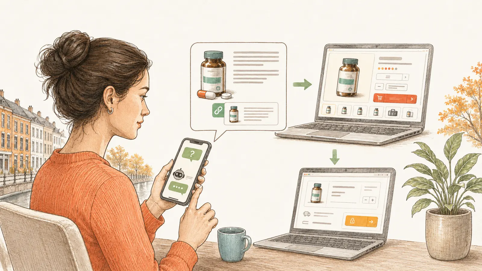 A woman comparing digital content across a laptop tablet and phone