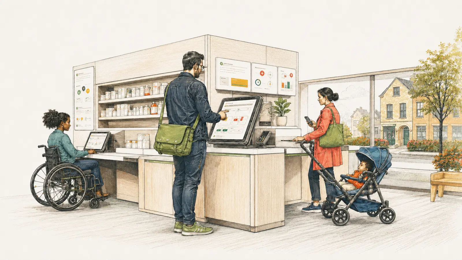 Mensen waaronder een rolstoelgebruiker voor een toegankelijk gebouw