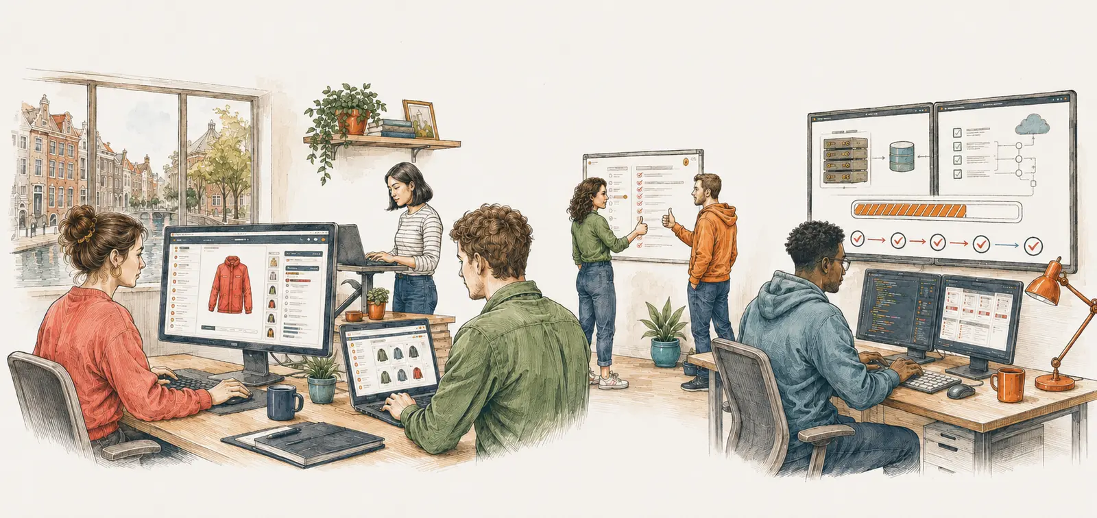 Een team onderhoudt een digitaal systeem op verschillende werkplekken