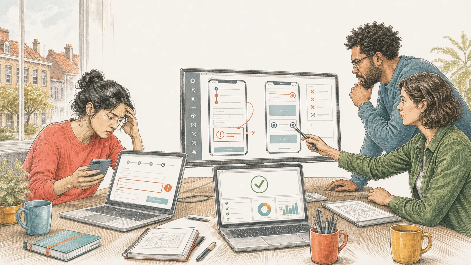 Twee collega's testen samen een website op desktopschermen