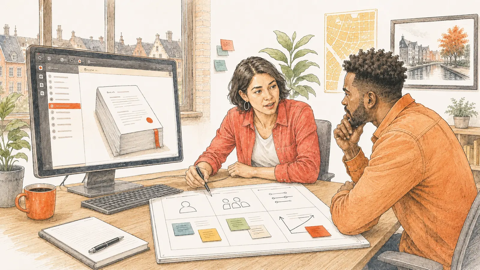 Twee collega's vergelijken een kort voorstel met een groter document